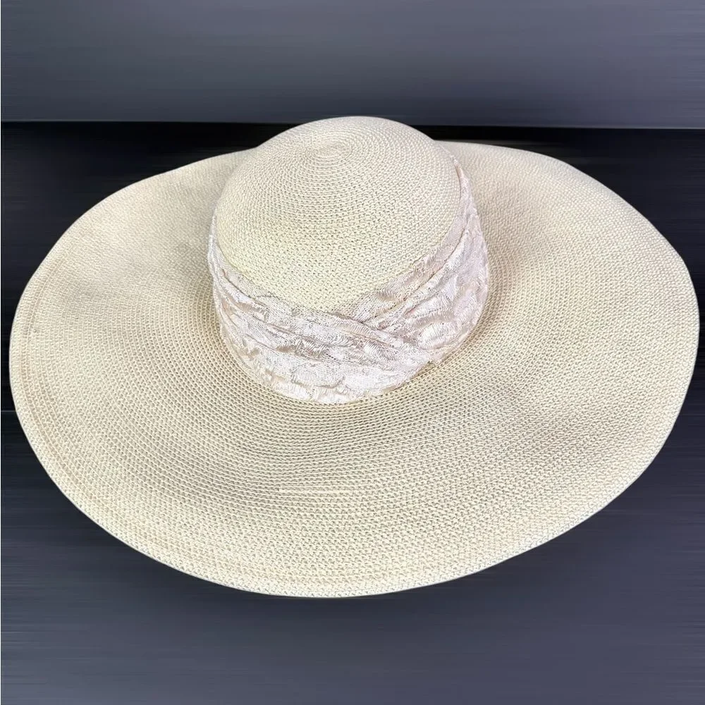 Whittall & Shon Wide Brim Straw Hat Lace Knotted Wrap Summer Derby Garden Party